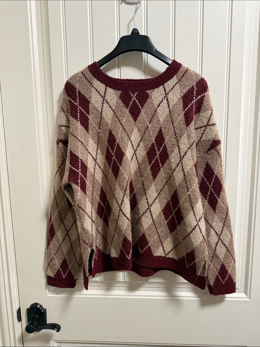 Cozy Burgundy & Beige Argyle Crewneck Sweater